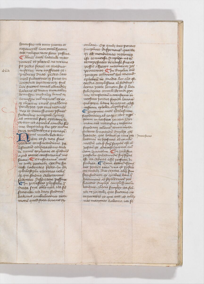 De Architectura, Marcus Pollio Vitruvius (Roman, active late 1st century BCE), Manuscript; brownish black ink and red and blue pigments on vellum