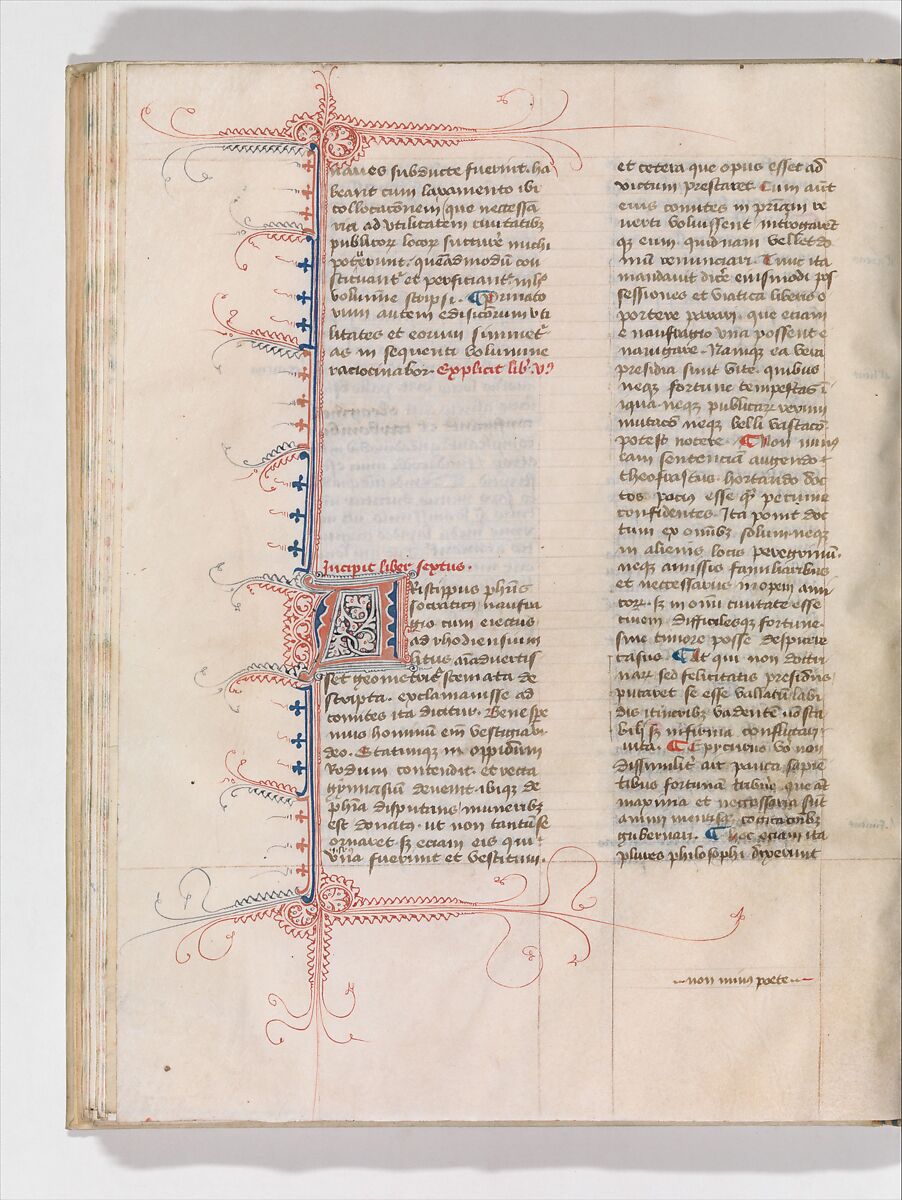 De Architectura, Marcus Pollio Vitruvius (Roman, active late 1st century BCE), Manuscript; brownish black ink and red and blue pigments on vellum