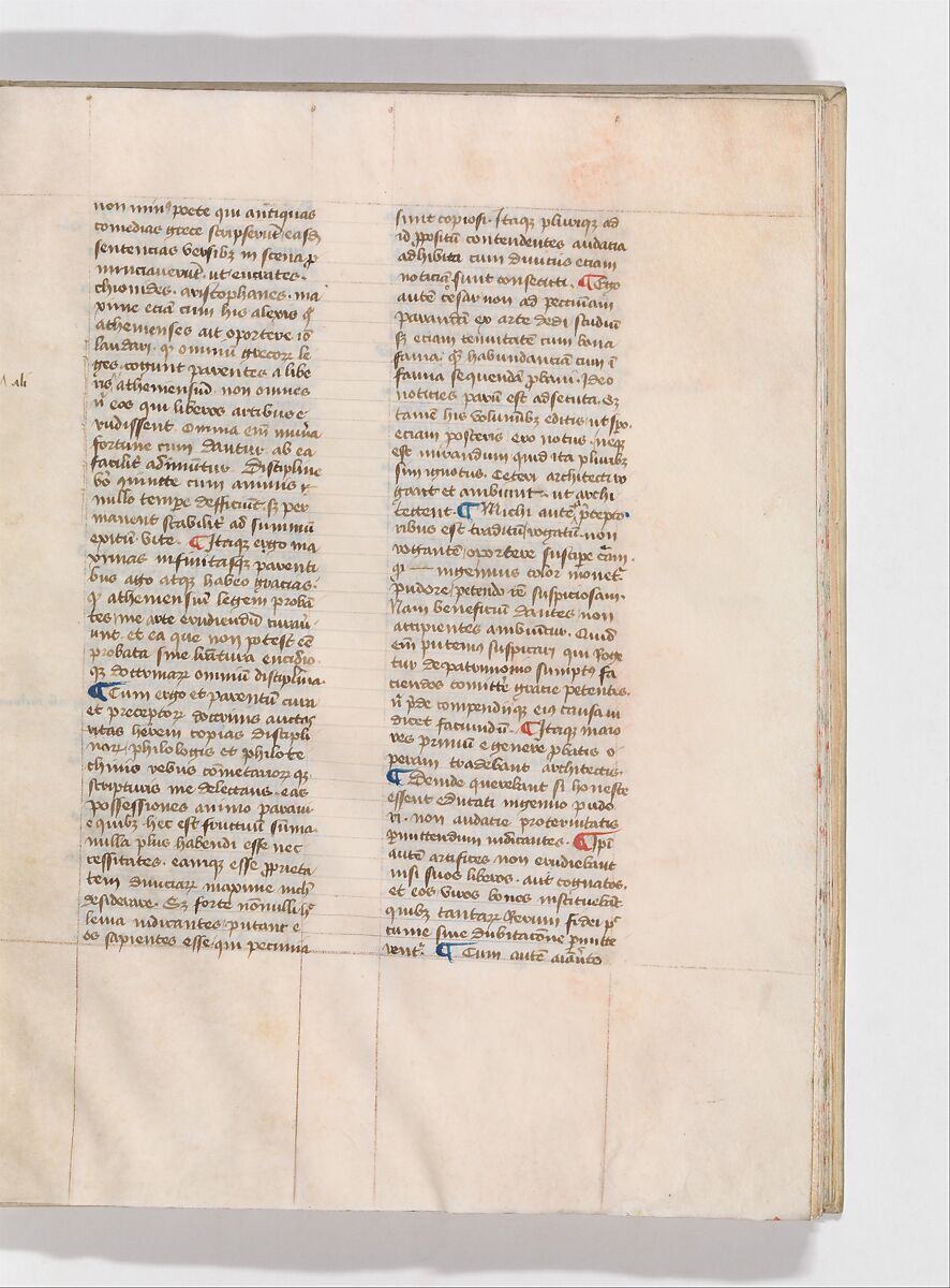 De Architectura, Marcus Pollio Vitruvius (Roman, active late 1st century BCE), Manuscript; brownish black ink and red and blue pigments on vellum