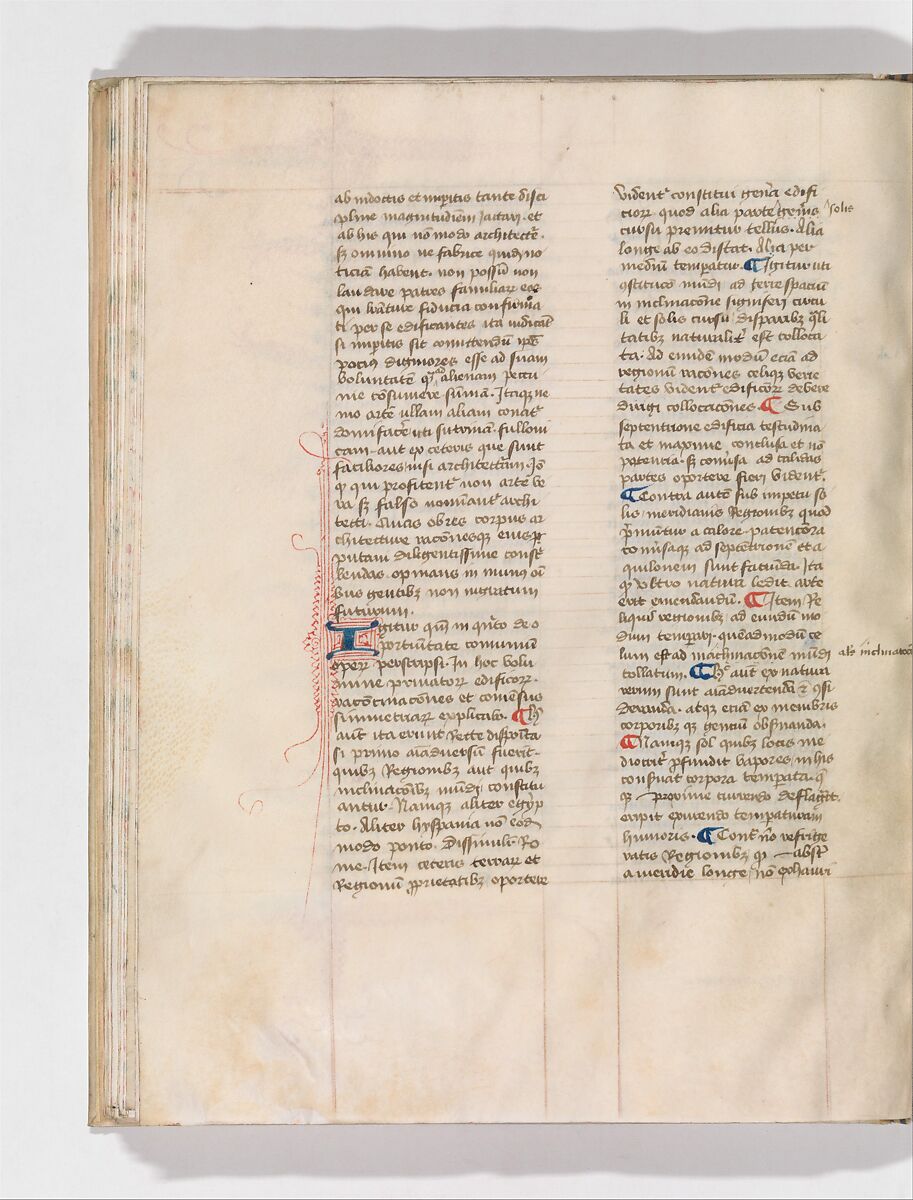 De Architectura, Marcus Pollio Vitruvius (Roman, active late 1st century BCE), Manuscript; brownish black ink and red and blue pigments on vellum