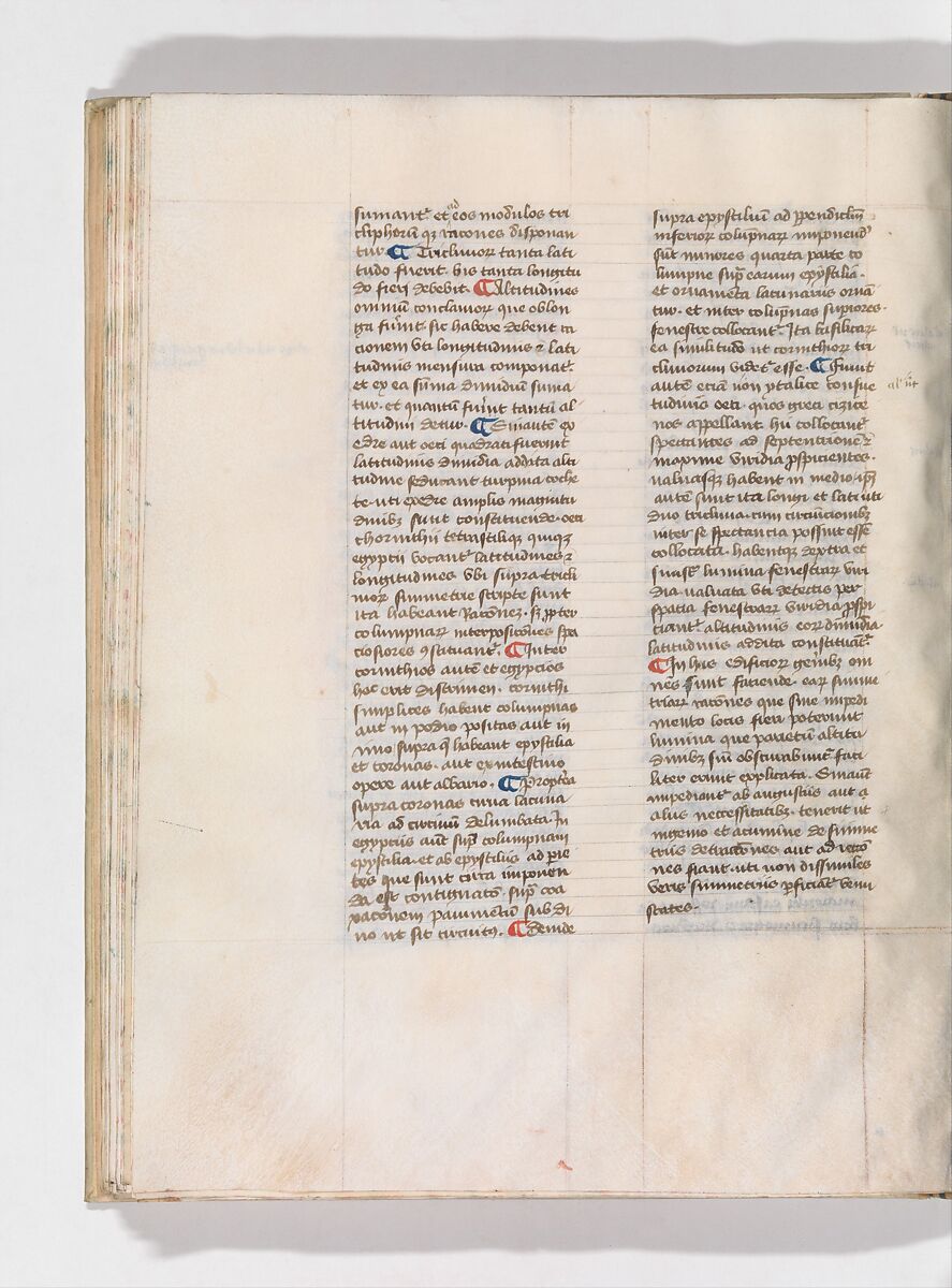 De Architectura, Marcus Pollio Vitruvius (Roman, active late 1st century BCE), Manuscript; brownish black ink and red and blue pigments on vellum