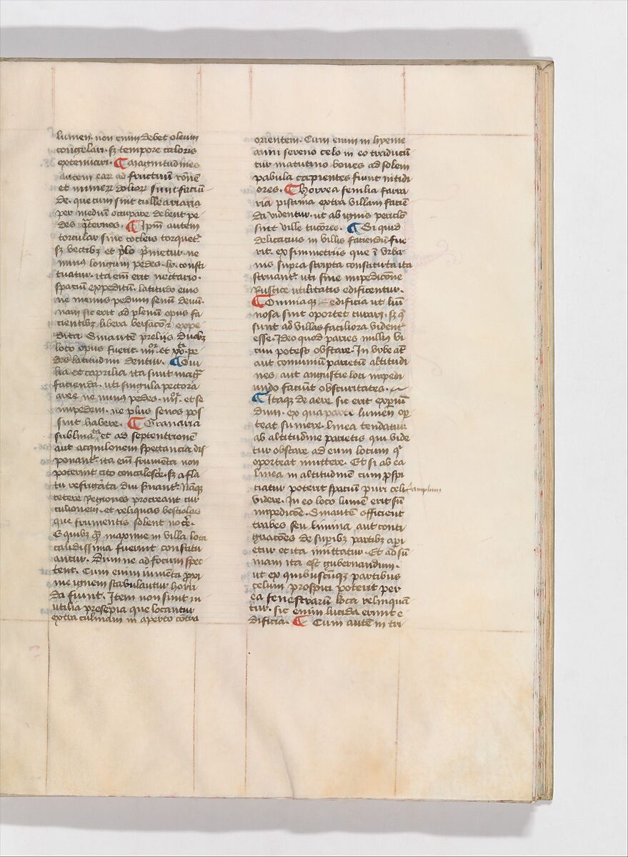 De Architectura, Marcus Pollio Vitruvius (Roman, active late 1st century BCE), Manuscript; brownish black ink and red and blue pigments on vellum