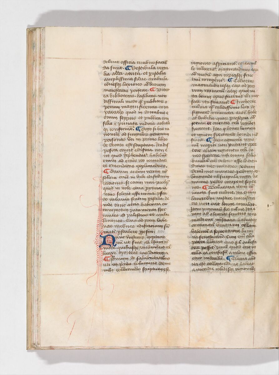 De Architectura, Marcus Pollio Vitruvius (Roman, active late 1st century BCE), Manuscript; brownish black ink and red and blue pigments on vellum