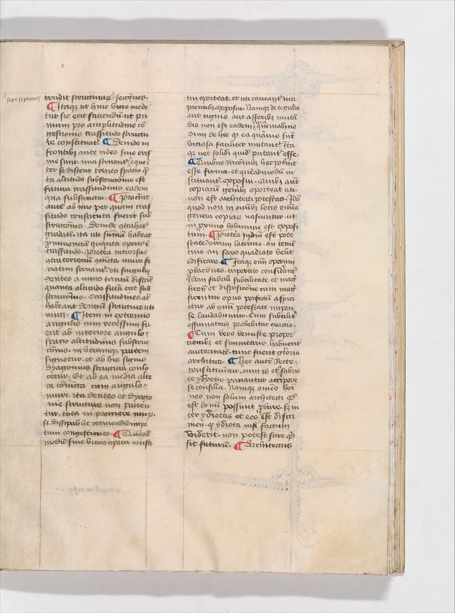 De Architectura, Marcus Pollio Vitruvius (Roman, active late 1st century BCE), Manuscript; brownish black ink and red and blue pigments on vellum