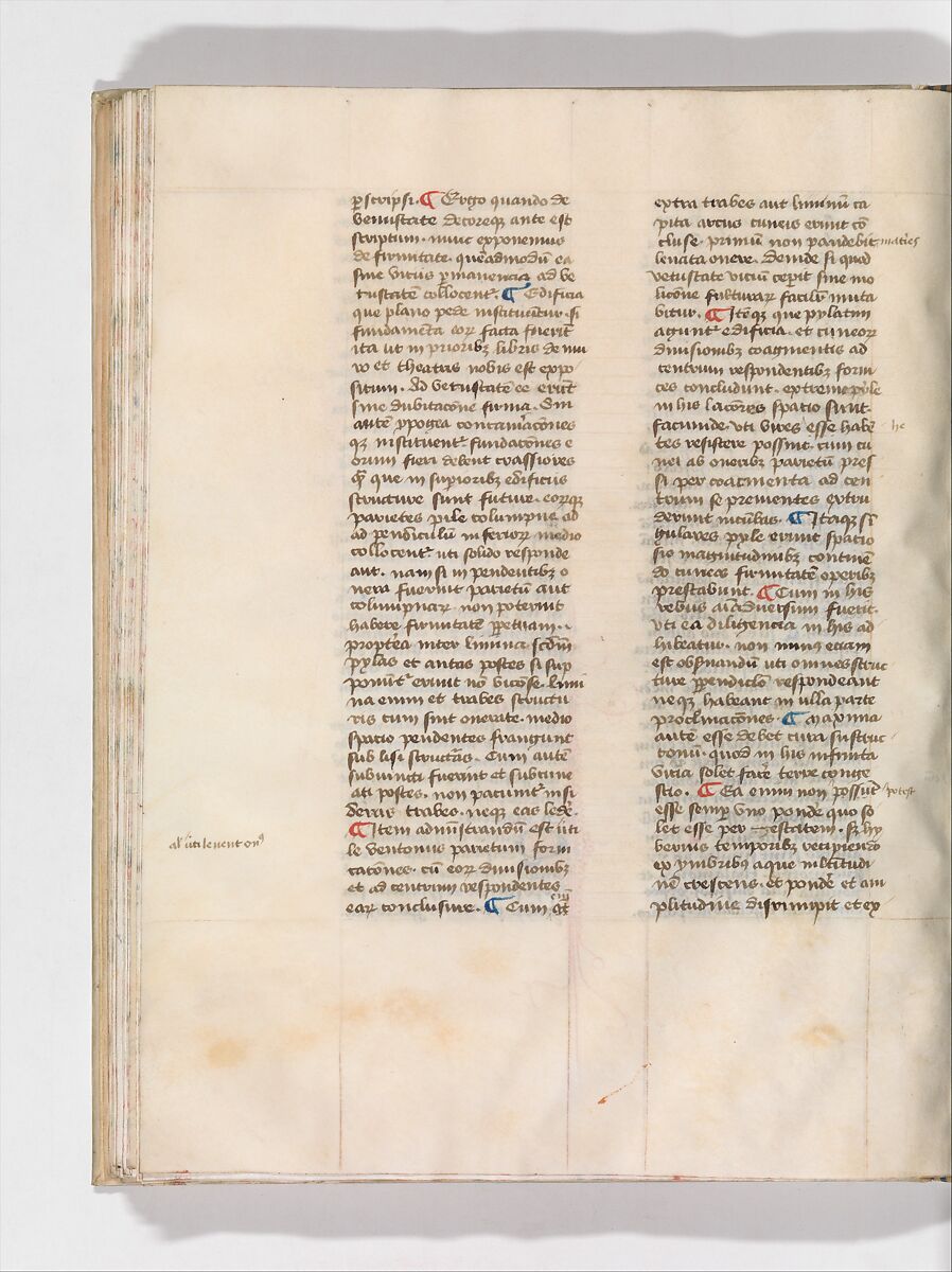 De Architectura, Marcus Pollio Vitruvius (Roman, active late 1st century BCE), Manuscript; brownish black ink and red and blue pigments on vellum