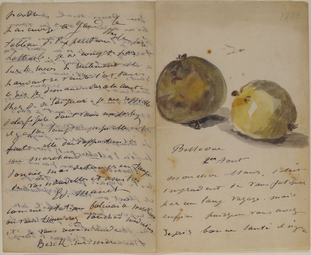 A Letter to Eugène Maus, Decorated with Two Apples, Edouard Manet (French, Paris 1832–1883 Paris), Watercolor, pen and ink on wove paper