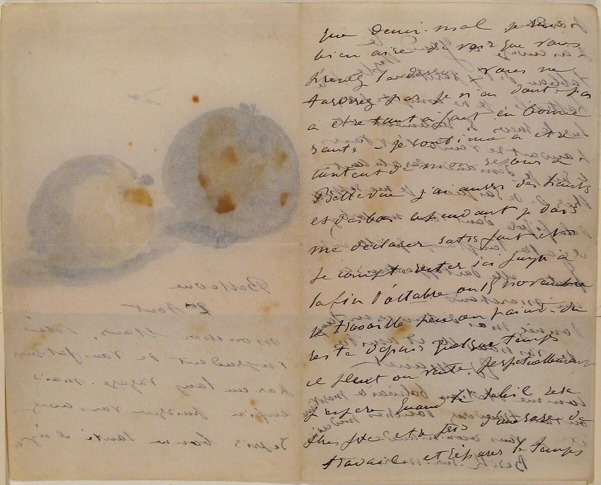 A Letter to Eugène Maus, Decorated with Two Apples, Edouard Manet (French, Paris 1832–1883 Paris), Watercolor, pen and ink on wove paper