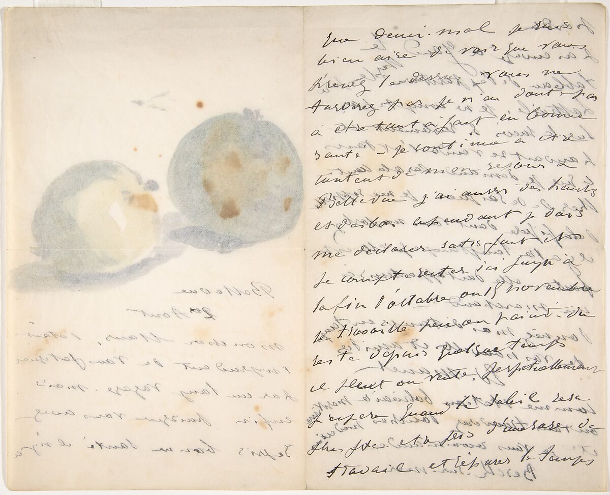 A Letter to Eugène Maus, Decorated with Two Apples, Edouard Manet (French, Paris 1832–1883 Paris), Watercolor, pen and ink on wove paper