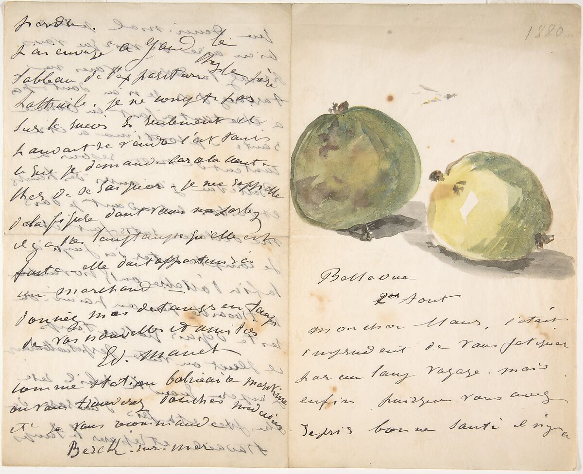 A Letter to Eugène Maus, Decorated with Two Apples, Edouard Manet (French, Paris 1832–1883 Paris), Watercolor, pen and ink on wove paper 