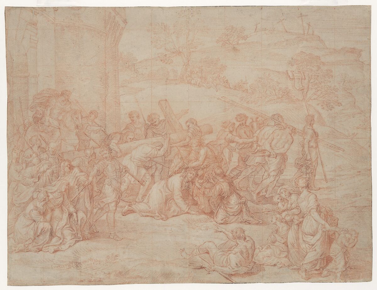 Christ Carrying the Cross, Pierre Mignard  (French, Troyes 1612–1695 Paris), Red chalk, with traces of framing lines in black chalk 