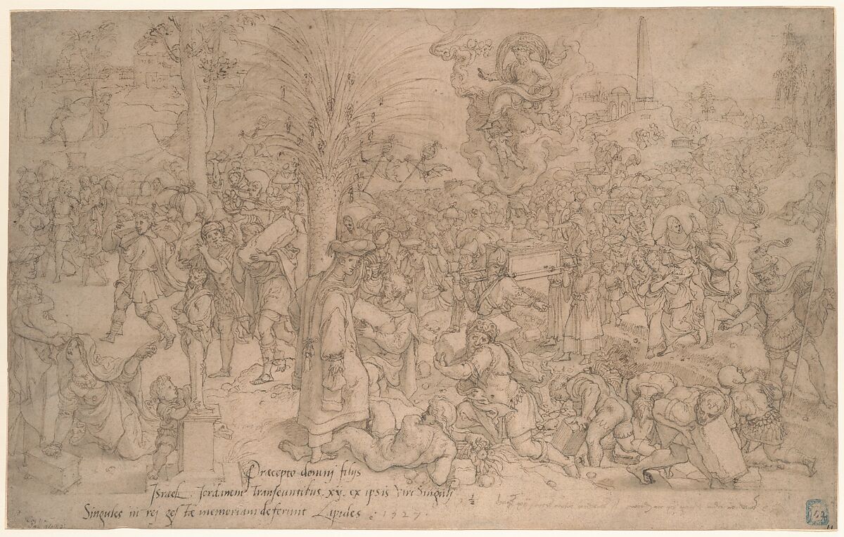 The Jews Collecting the Twelve Stones from the River Jordan, Pieter Coecke van Aelst  Netherlandish, Pen and brown ink, brush and brown ink, over black chalk, squared for transfer in black chalk