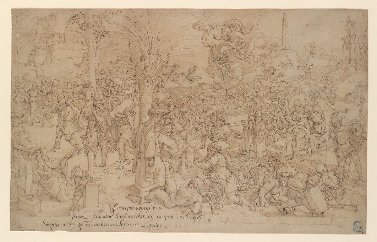 The Jews Collecting the Twelve Stones from the River Jordan, Pieter Coecke van Aelst (Netherlandish, Aelst 1502–1550 Brussels), Pen and brown ink, brush and brown wash, over black chalk; squared in black chalk