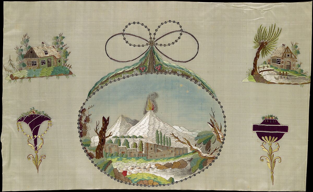 Zeichen-Mahler und Stickerbuch zur Selbstbelehrung für Damen, Zweiter Theil, Johann Friedrich Netto (German, active 1795–1809), Plates: engraving, hand colored engraving,  silk and metal thread embroidery on silk on one page 