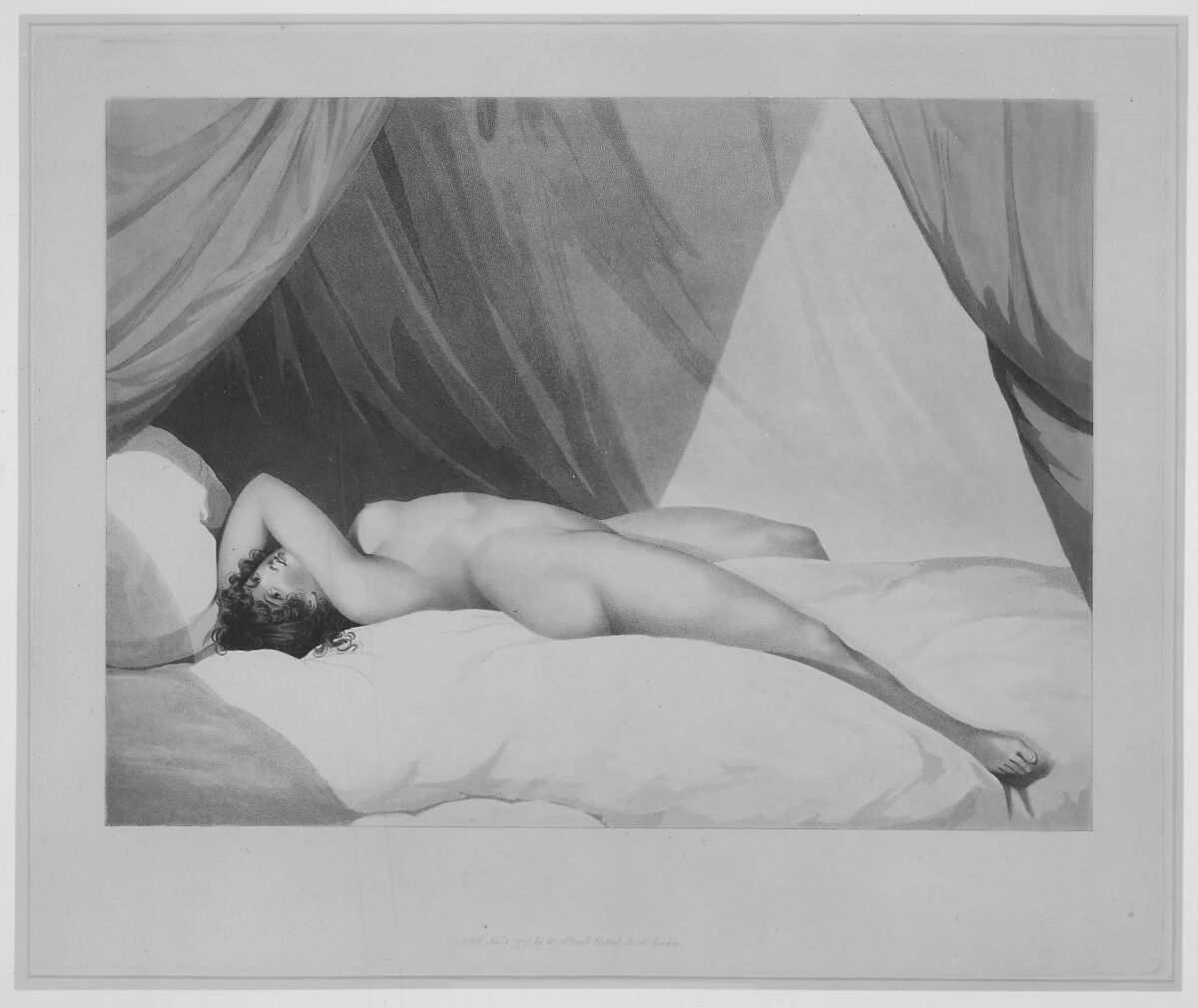 Nude Reclining on Curtained Bed [Emma Hamilton (?)], Attributed to Adam Buck (Irish, Cork 1759–1833 London), Aquatint with watercolor 