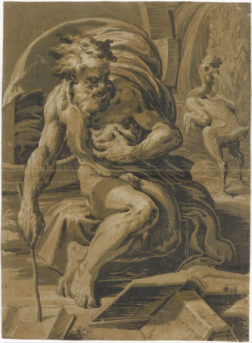 Diogenes, seated before his barrel, reading from a book, a plucked hen standing behind him at right