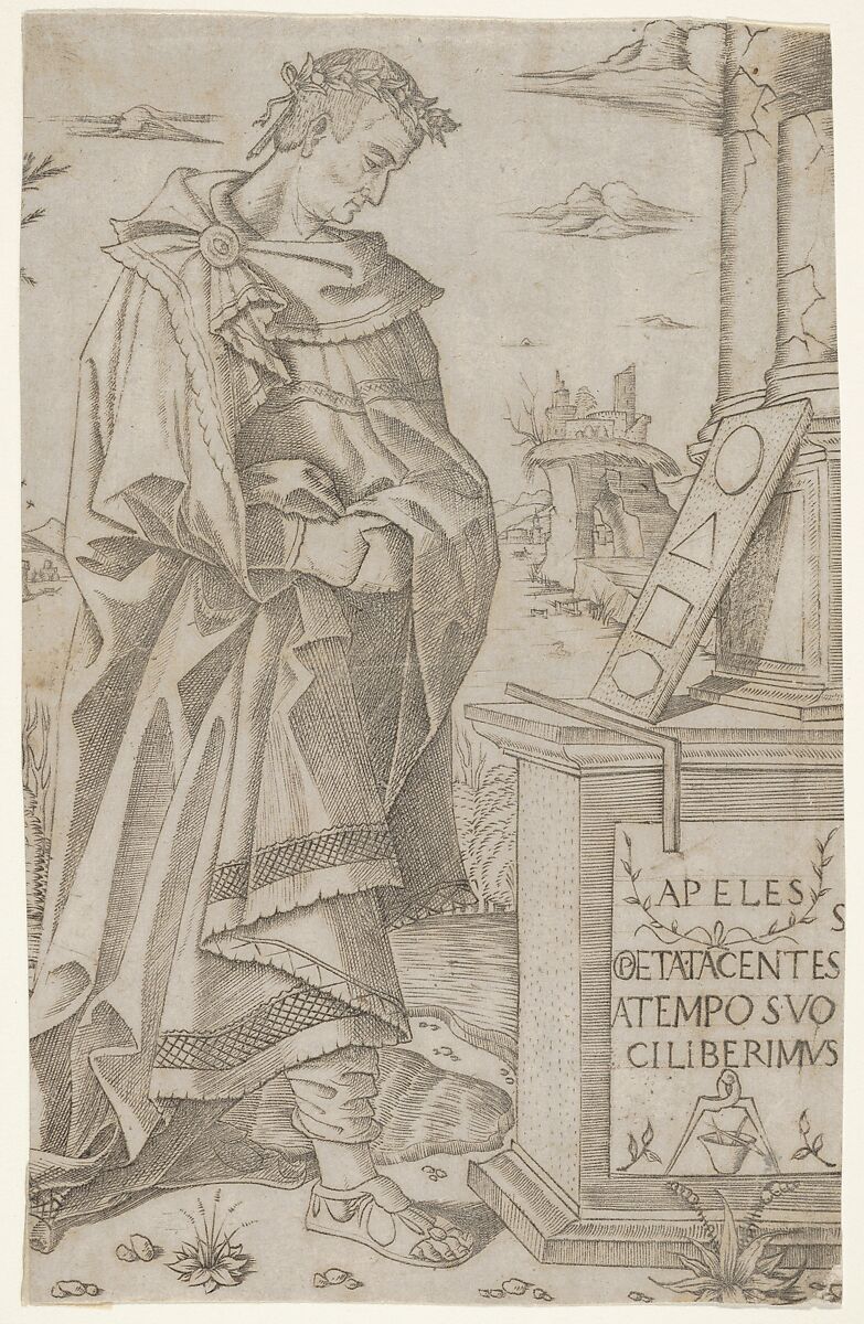 Apelles standing profile looking at a tablet of geometric figures, Nicoletto da Modena (Italian, Modena, active ca. 1500–ca. 1520), Engraving 