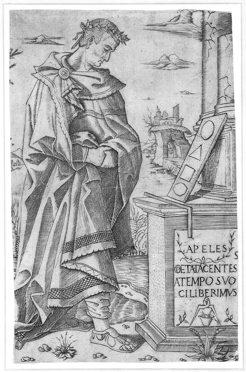 Apelles standing profile looking at a tablet of geometric figures, Nicoletto da Modena (Italian, Modena, active ca. 1500–ca. 1520), Engraving