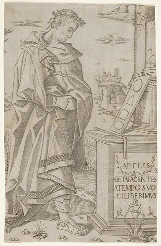 Apelles standing profile looking at a tablet of geometric figures