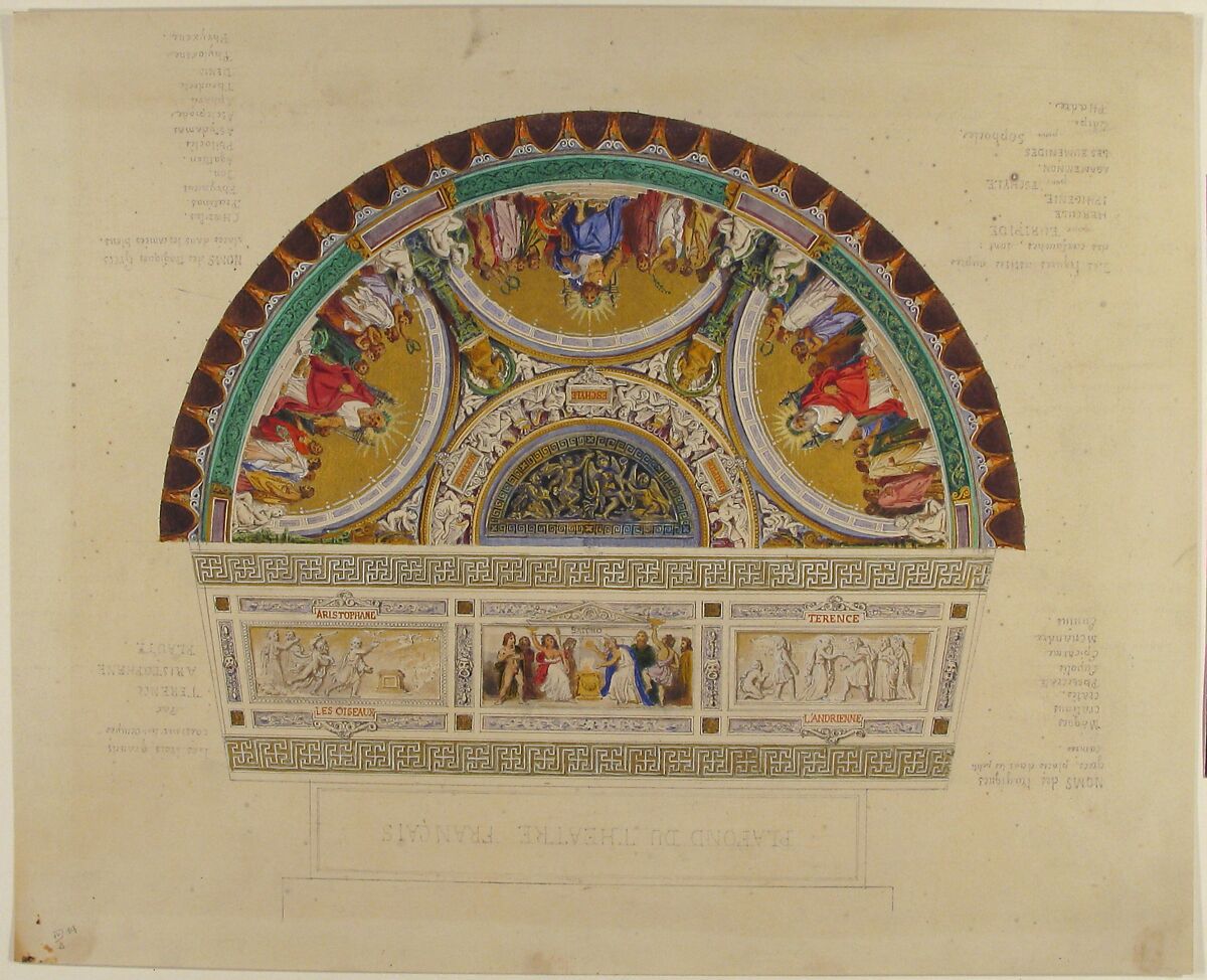 Design for a Ceiling at Théatre Français, Paris, Aimé Chenavard (French, Lyons 1798–1838 Paris), Pen and black ink, gouache, gold gilt, over graphite