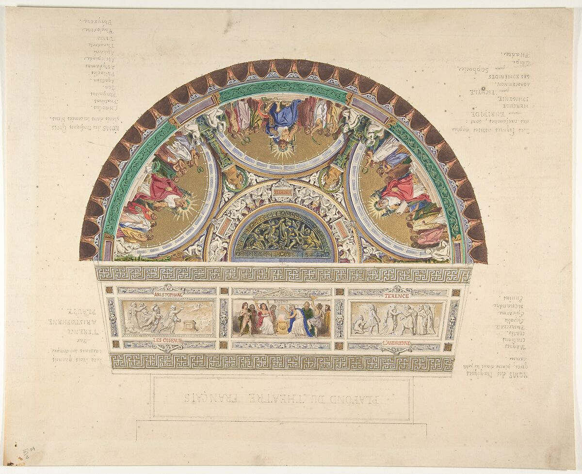 Design for a Ceiling at Théatre Français, Paris, Aimé Chenavard (French, Lyons 1798–1838 Paris), Pen and black ink, gouache, gold gilt, over graphite 