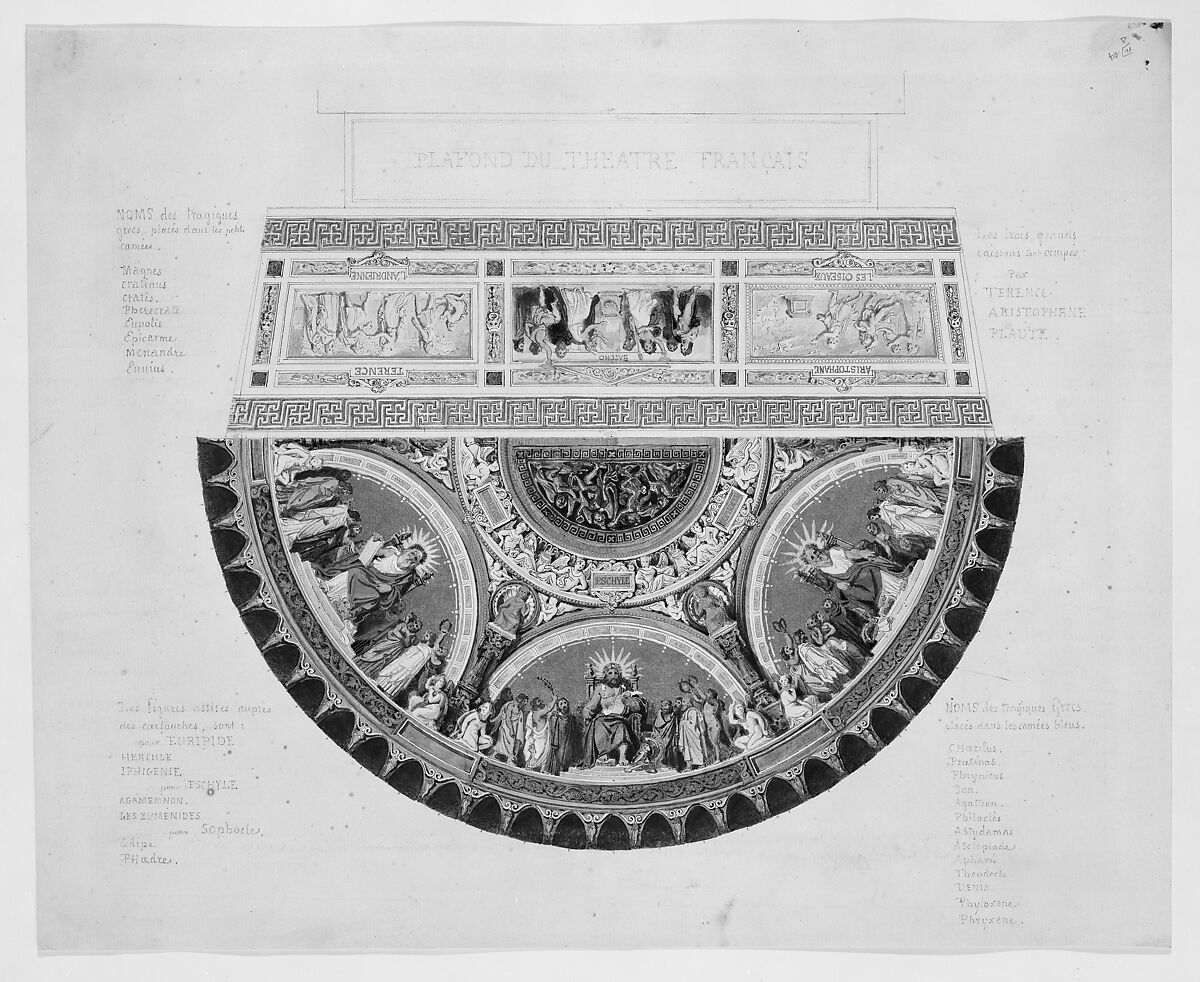 Design for a Ceiling at Théatre Français, Paris, Aimé Chenavard (French, Lyons 1798–1838 Paris), Pen and black ink, gouache, gold gilt, over graphite