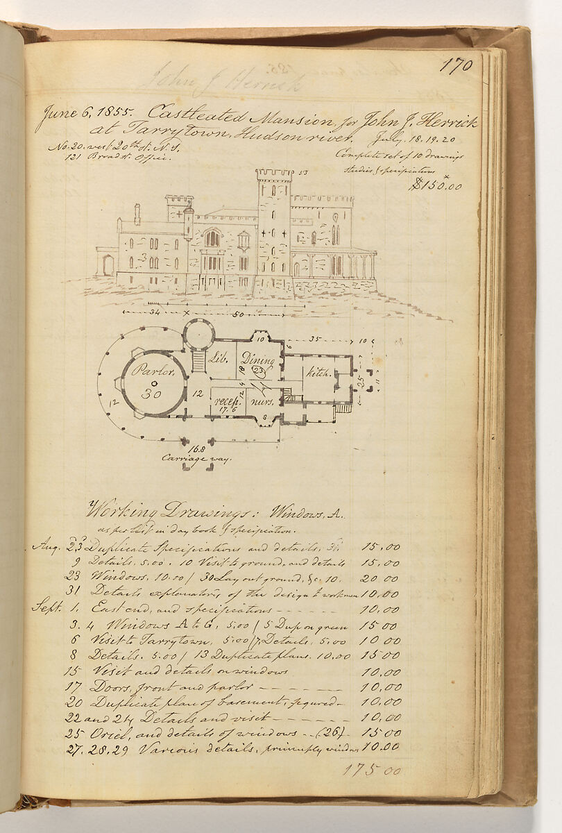 A. J. Davis "Diary", Alexander Jackson Davis (American, New York 1803–1892 West Orange, New Jersey), Bound handwritten ledgerbook with sketches and manuscript text in graphite and ink
