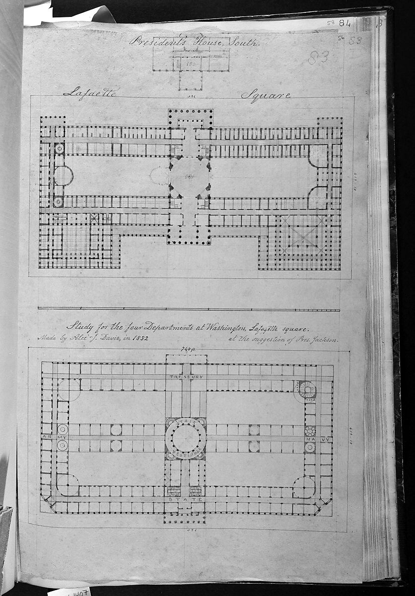 A. J. Davis, Scrapbook VIII, Alexander Jackson Davis (American, New York 1803–1892 West Orange, New Jersey), Bound pages mounted with drawings and prints 