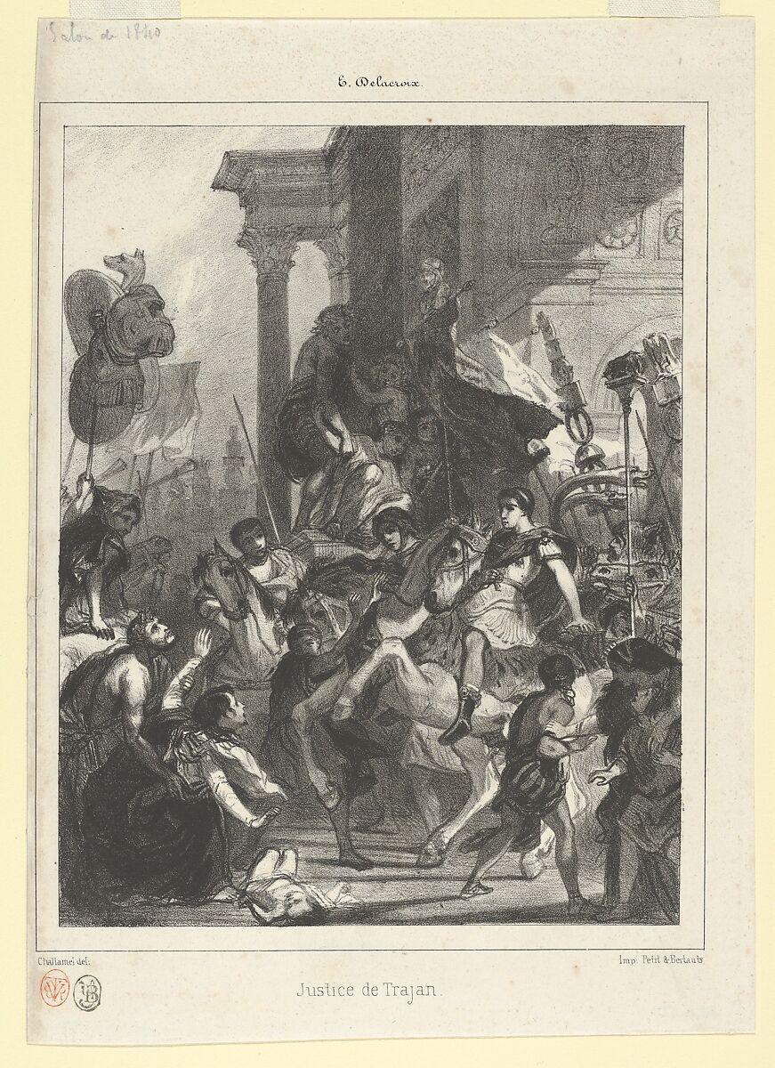 The Justice of Trajan, plate for l'Album des Salons, Jules-Robert-Pierre-Joseph Challamel (French, Paris 1813–1863), Lithograph on wove paper 
