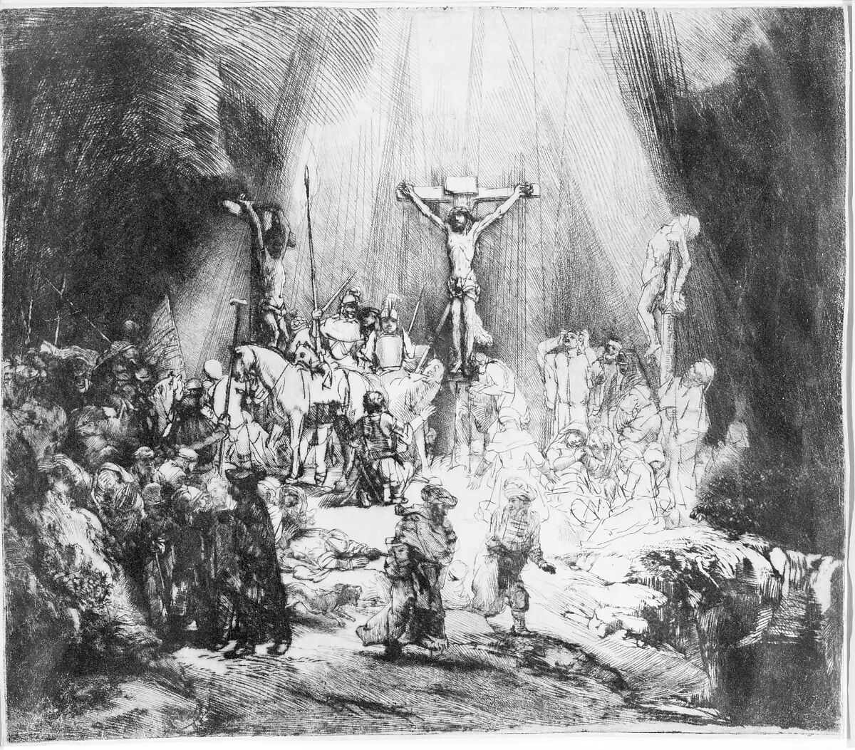 Christ Crucified between the Two Thieves: The Three Crosses, Rembrandt (Rembrandt van Rijn) (Dutch, Leiden 1606–1669 Amsterdam), Drypoint printed on vellum