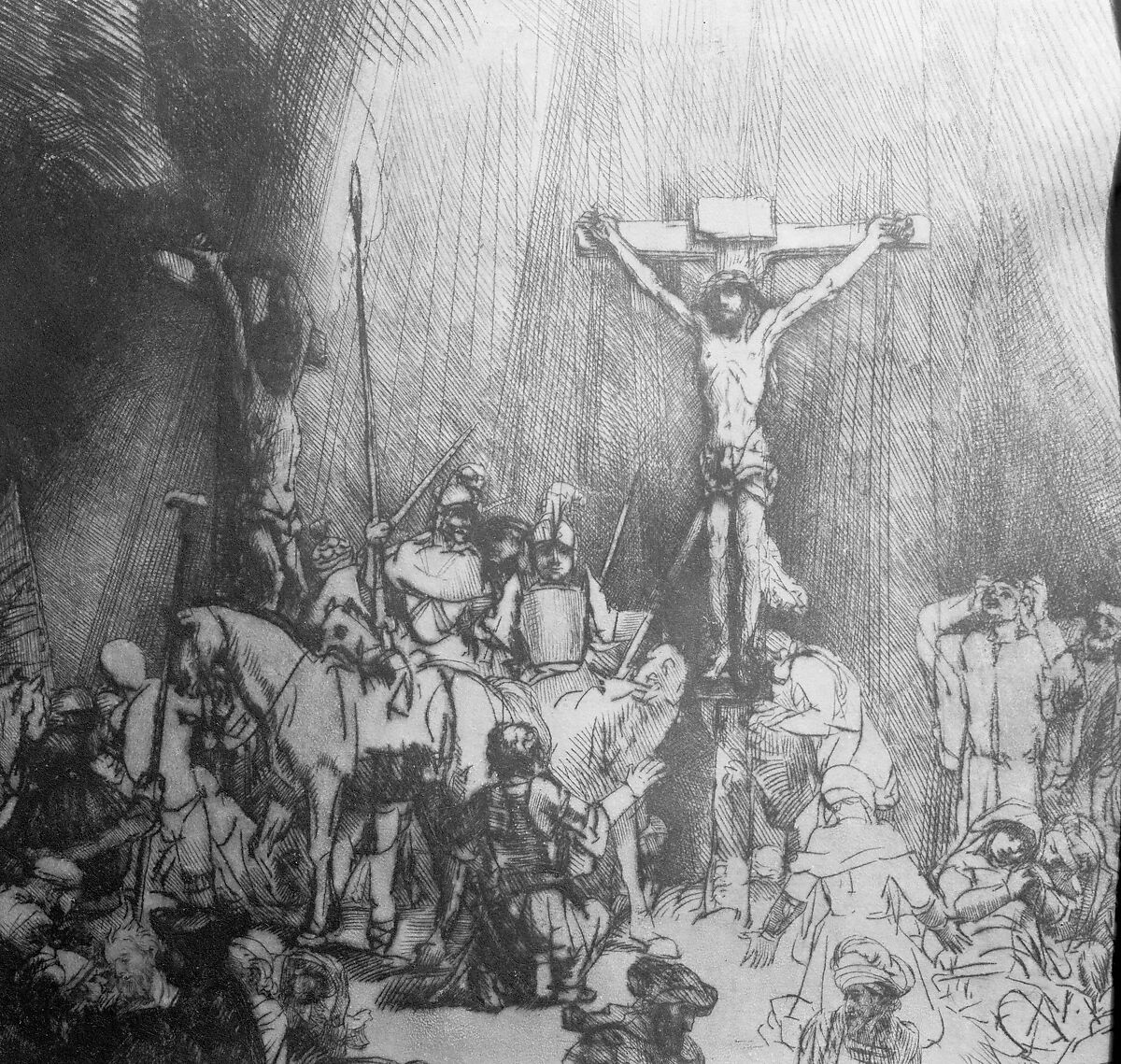 Christ Crucified between the Two Thieves: The Three Crosses, Rembrandt (Rembrandt van Rijn) (Dutch, Leiden 1606–1669 Amsterdam), Drypoint printed on vellum