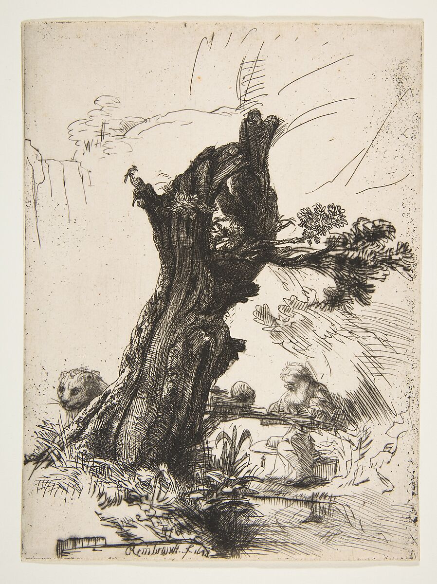 St. Jerome beside a Pollard Willow, Rembrandt (Rembrandt van Rijn) (Dutch, Leiden 1606–1669 Amsterdam), Etching and drypoint; fourth of four states 