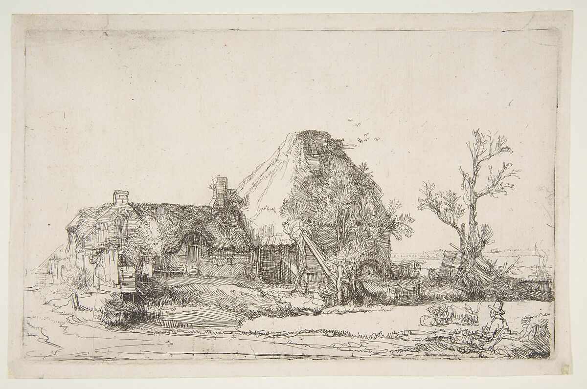 Cottages and Farm Buildings with a Man Sketching, Rembrandt (Rembrandt van Rijn) (Dutch, Leiden 1606–1669 Amsterdam), Etching 