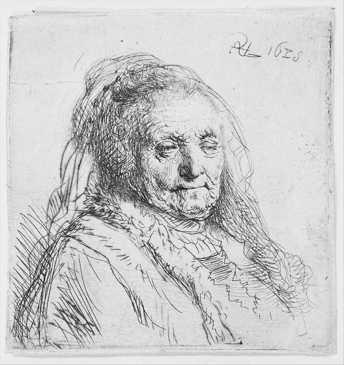 The Artist's Mother: Head and Bust, Three-Quarters Right, Rembrandt (Rembrandt van Rijn) (Dutch, Leiden 1606–1669 Amsterdam), Etching; New Holl. second state of four