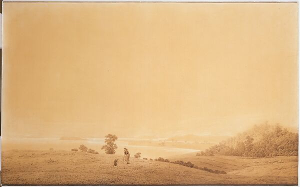 Eastern Coast of Rügen Island with Shepherd, Caspar David Friedrich (German, Greifswald 1774–1840 Dresden), Sepia colored ink, sepia colored wash, white gouache and graphite on off-white wove paper 