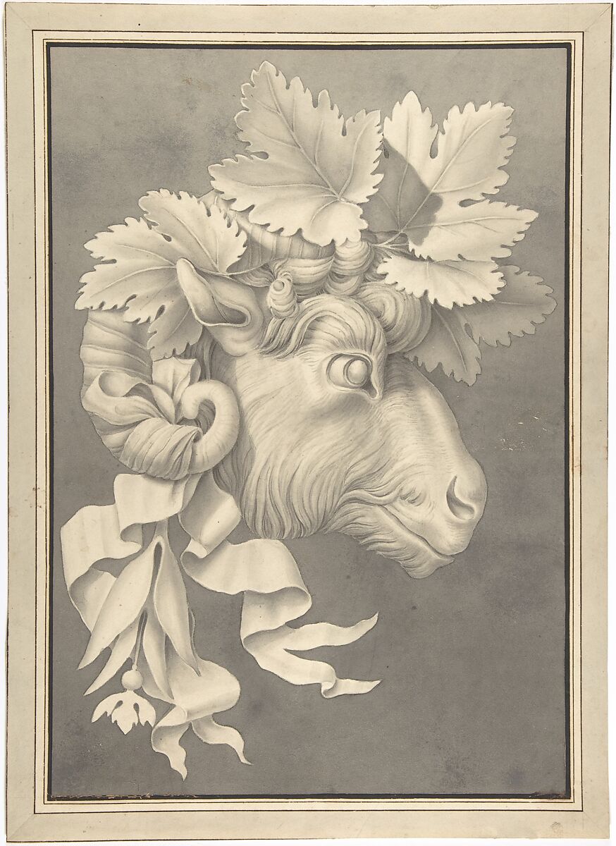 Decorative Ram's Head, (?) Anonymous, British, 19th century, Pen and ink, brush and wash 