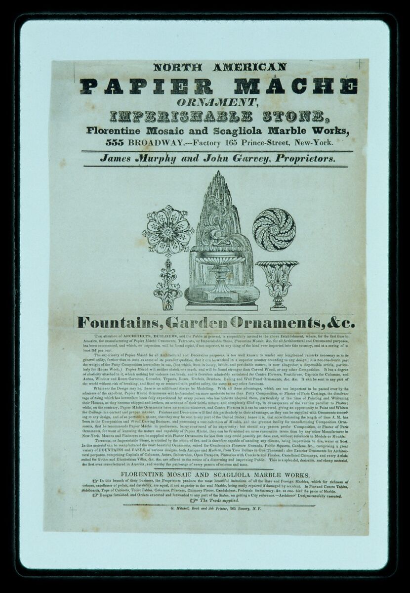 North American Papier Mâché Ornament  Imperishable Stone, Florentine Mosaic and Scagliola Marble Works, Issued by James Murphy and John Garvey (New York, NY), Wood engraving 