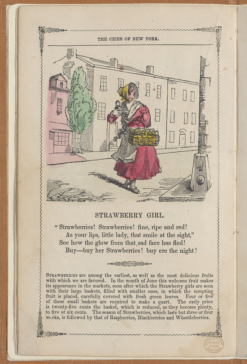 The Cries of New York, Frances Sargent Locke Osgood (American, 1811–1850), Illustrations: engraving. hand colored engraving