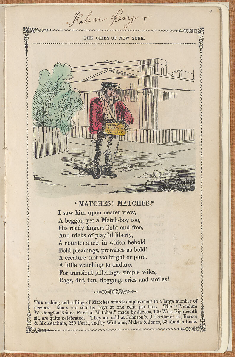 The Cries of New York, Frances Sargent Locke Osgood (American, 1811–1850), Illustrations: engraving. hand colored engraving