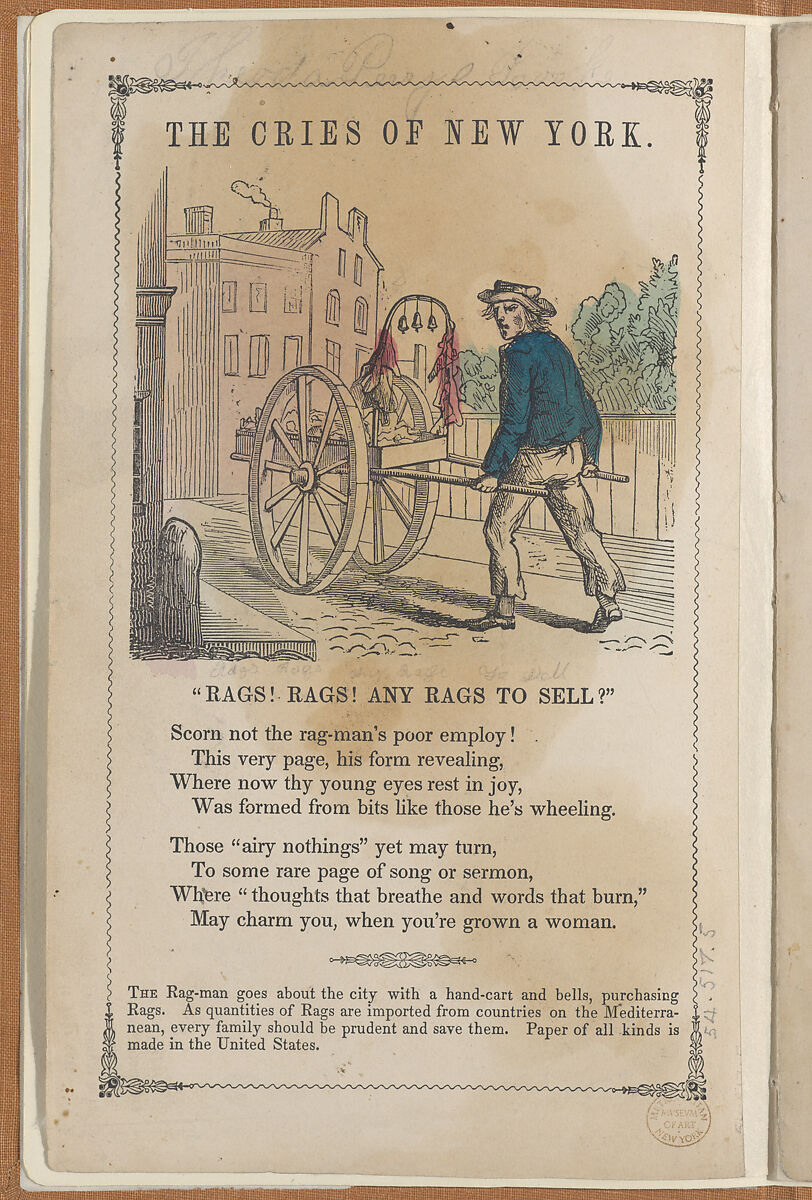 The Cries of New York, Frances Sargent Locke Osgood (American, 1811–1850), Illustrations: engraving. hand colored engraving