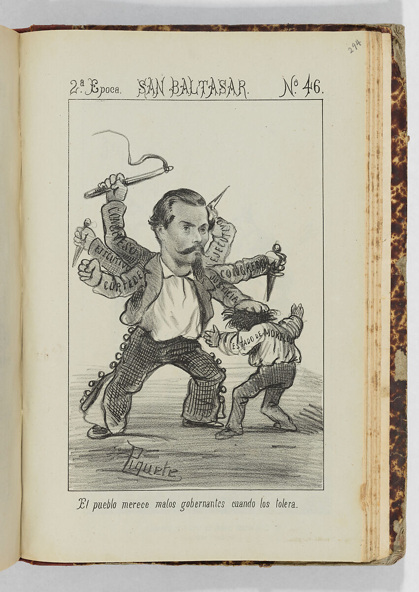 Caricatures and political satires from the Mexican newspapers 'La orquesta',  'El Padre Cobos', and 'San Baltasar: periódico chusco, amante de decir bromas y grocerias, afecto a las convivialidades, y con caricaturas', Constantino Escalante (Mexican, Mexico City 1836–1868 Mexico City), Lithograph 