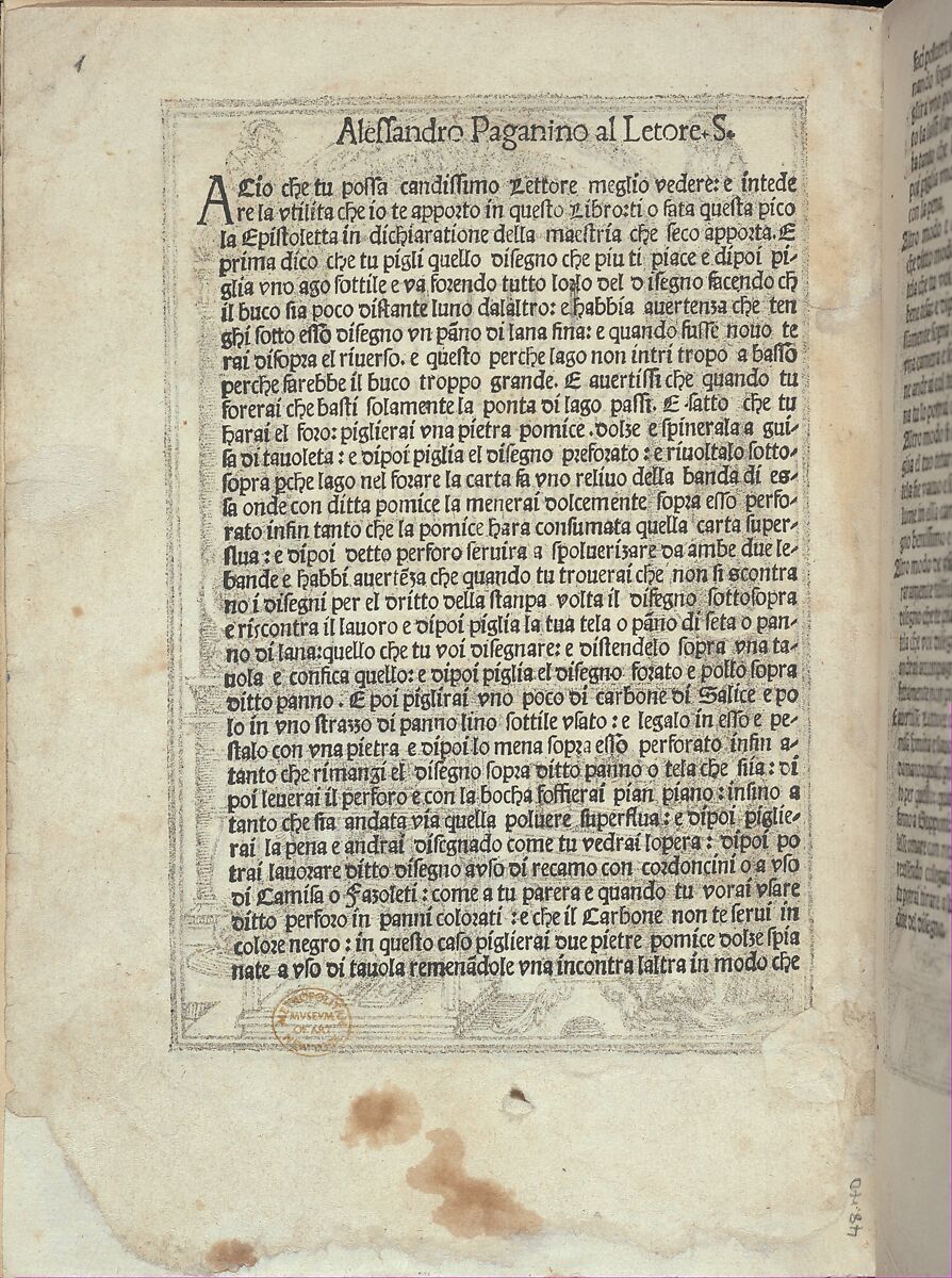 Libro quarto. De rechami per elquale se impara in diuersi modi lordine e il modo de recamare...Opera noua, Alessandro Paganino (Italian, active Salò, Toscolano and Venice, 1511–38), Woodcut