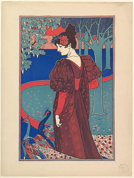 Woman with Peacocks, from "L'Estampe Moderne", Louis John Rhead (American (born England), Etruria 1857–1926 Amityville, New York), Color lithograph 