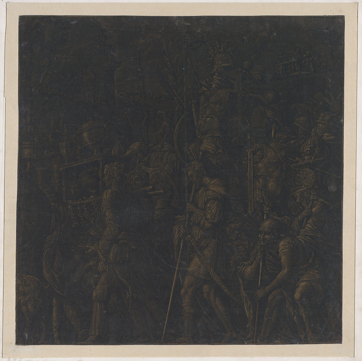 Sheet 8 from The Triumphs of Caesar, after Mantegna, Andrea Andreani (Italian, Mantua 1558/1559–1629), Woodcut, printed on blue/black silk with gold highlights applied by hand probably by Andreani himself 