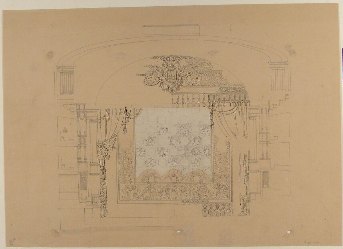Design for a Stage Set, Aimé Chenavard (French, Lyons 1798–1838 Paris), Pen and black ink; additional piece of tissue paper adhered to the center of the paper
