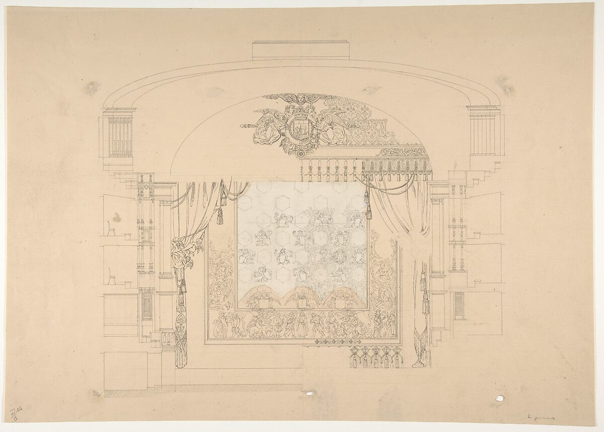 Design for a Stage Set, Aimé Chenavard (French, Lyons 1798–1838 Paris), Pen and black ink; additional piece of tissue paper adhered to the center of the paper 