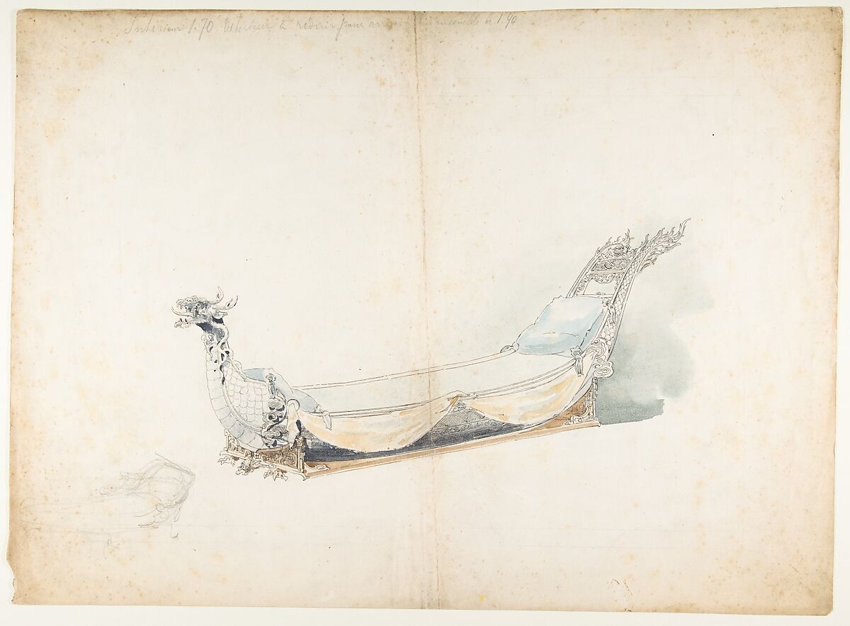 Design for a Chinese Style Bed, Anonymous, French, 19th century, Pen and black ink, brush and blue, brown and gray wash, and graphite 