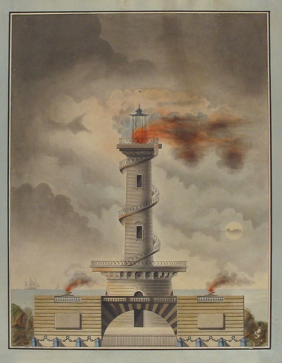 Design for a Lighthouse (Margate?), Debenne (French, active ca. 1815), Pen and black ink, watercolor; framing lines in pen and black ink