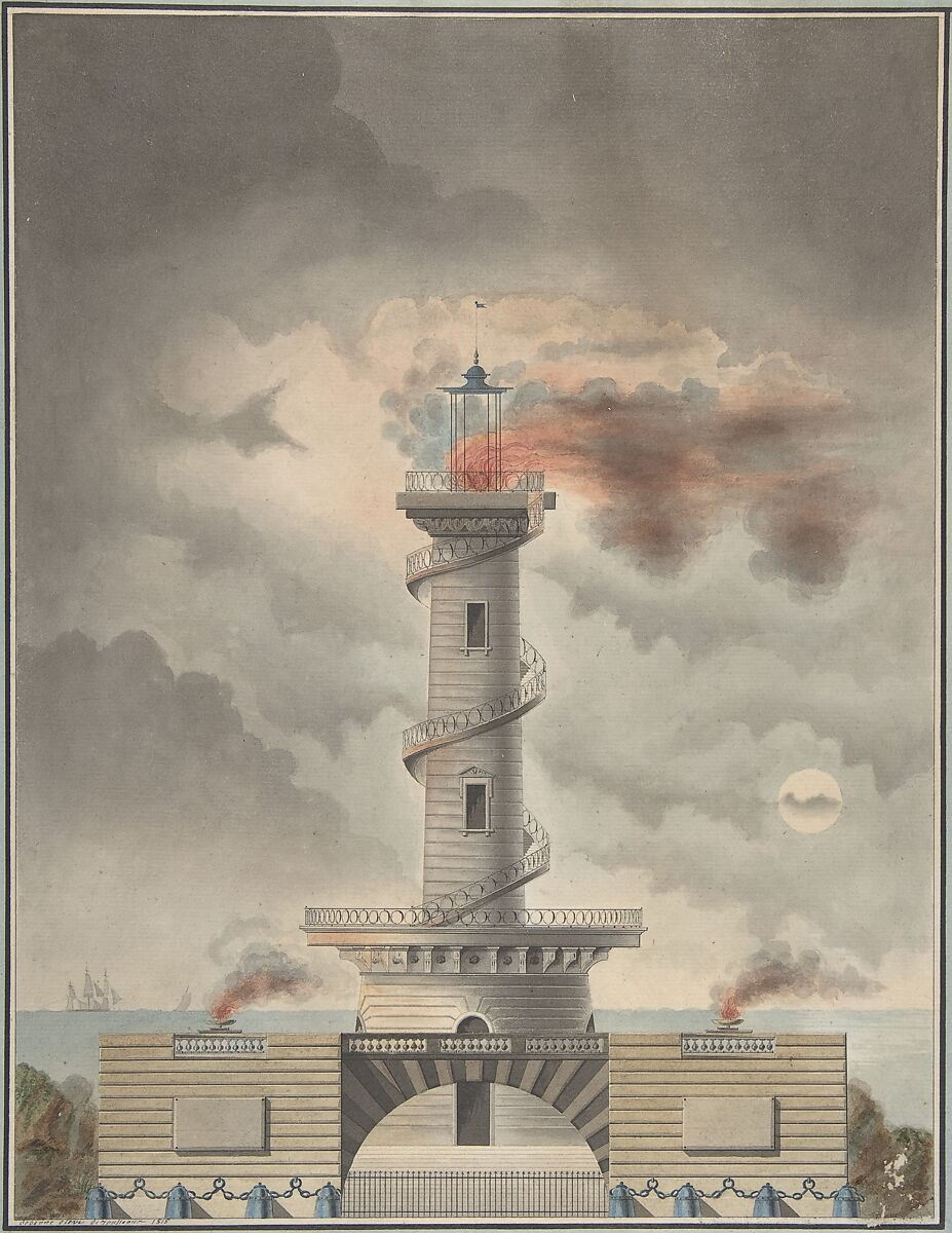 Design for a Lighthouse (Margate?), Debenne (French, active ca. 1815), Pen and black ink, watercolor. Framing lines in pen and black ink. 