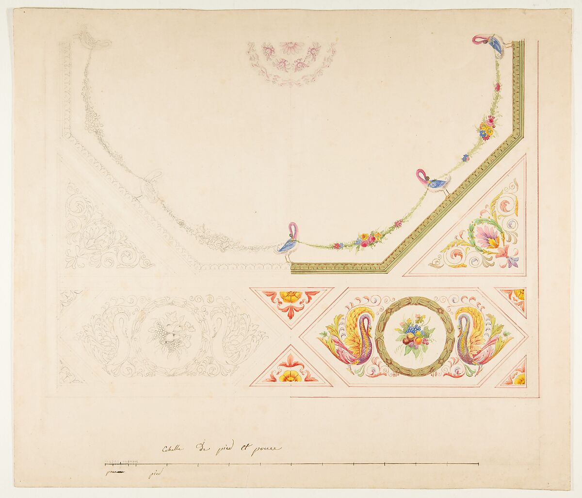 Design for a Ceiling with Swans and Cornucopias, Anonymous, French, 19th century, Graphite, gouache, pen and brown ink, with gold gilt 