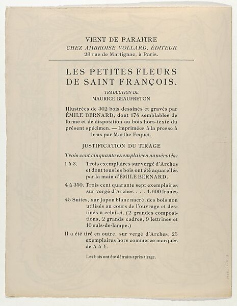 The Little Flowers of St. Francis, Emile Bernard (French, Lille 1868–1941 Paris), Woodcut, black and brown ink
